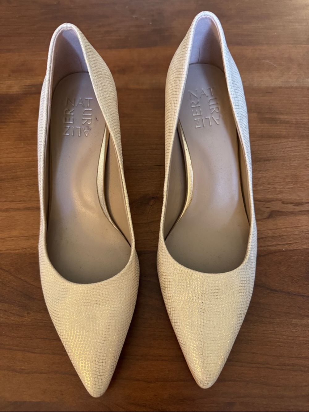 Naturalizer Gold and Cream Pointed Toe Pump - Textured Slip-On Heel